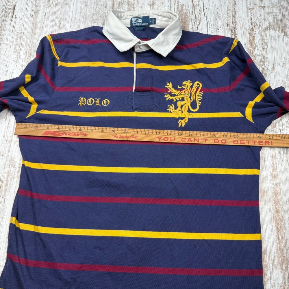 VTG Polo Ralph Lauren Rugby Shirt Mens Large Custom Fit Navy Striped Lion Crest - Picture 7 of 9